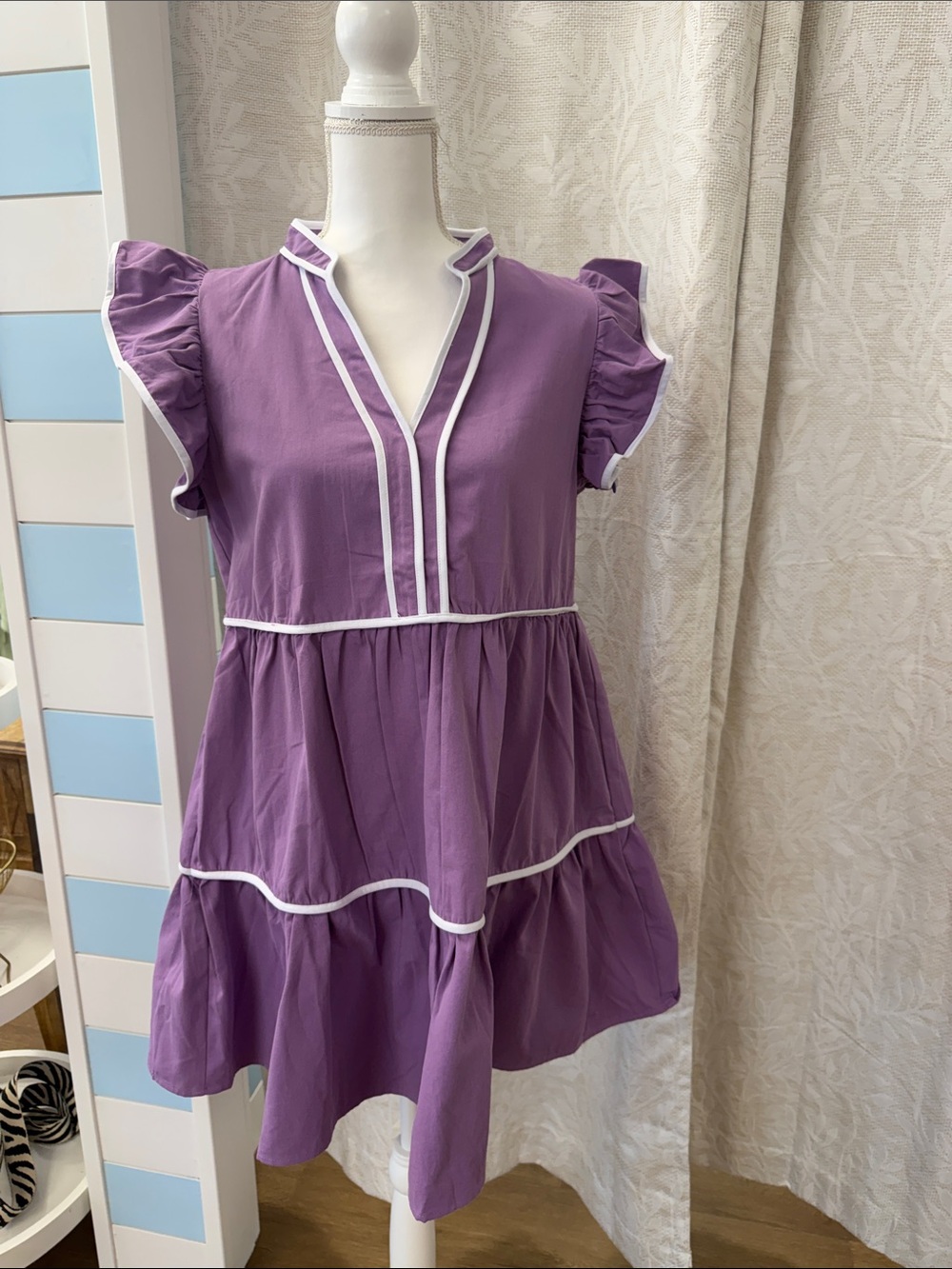 BiBi Purple Tiered Ruffle Dress with White Trim